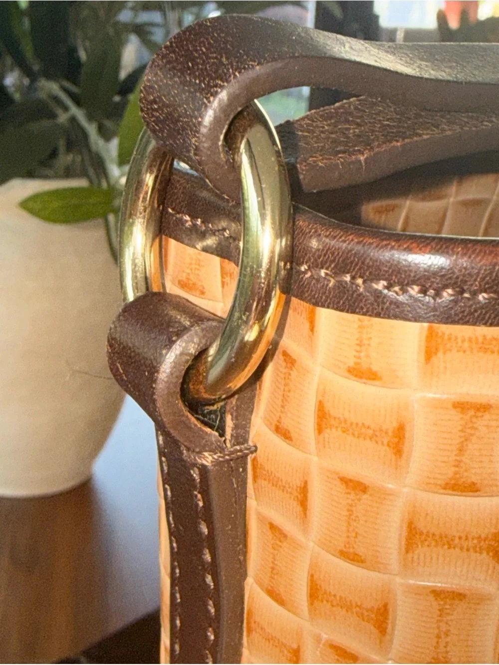 Dooney & Bourke Tan Woven Tote with Dark Brown Trim - Picture 15 of 16